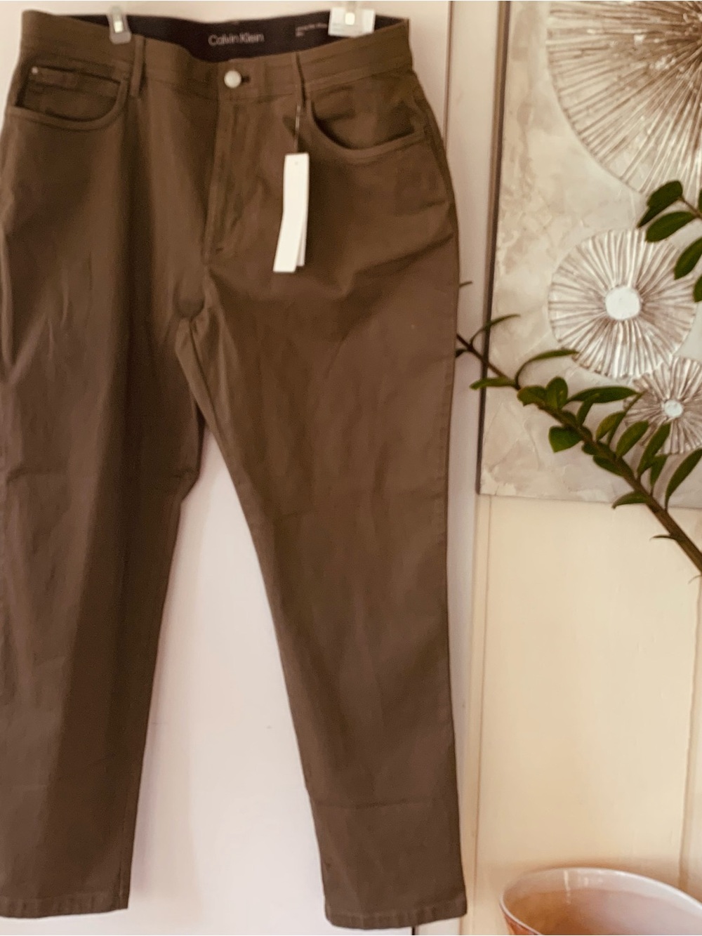 NWT $99 Calvin Klein Dusty Olive Stretch Flex Waist Slim Jeans Size 38/30